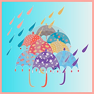 Bright seamless with umbrellas and rain, showers with living coral colours. april showers