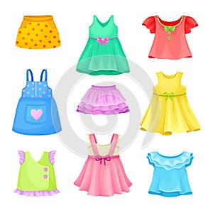 Bright Seasonal Clothes for Girls with Sleeveless Dress and Flared Skirt Vector Set