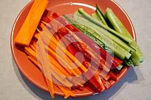 Bright seasonal vegetables cut into strips lie on a plate. Healthy natural food, fresh snack. Vegan and vegetarian, RAW. Green