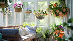 Bright and serene sunroom with lush hanging plants and cozy seating area