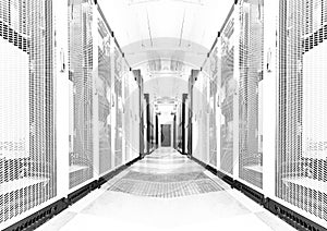 Bright server room data center storage interior. black and white toning photo