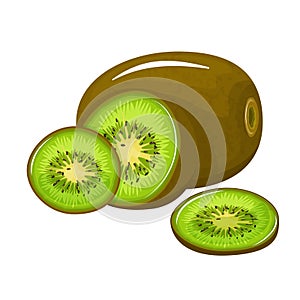 Bright set of colorful half, slice and whole of fresh kiwi. Fresh cartoon kiwi isolated on white background.