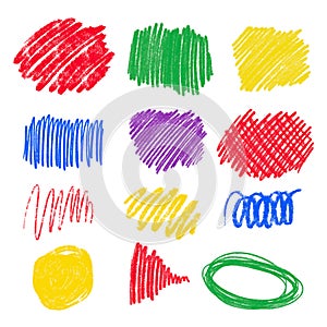 Bright set of hand drawn colored pencil wax crayon scribbles on white background. Vector design elements for school