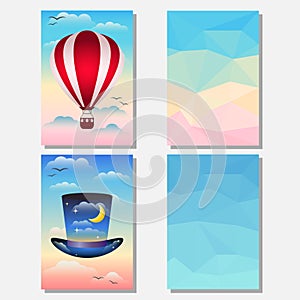 Bright set with hat, hotair balloon and abstract polygonal background