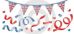 Bright set with party streamers, confetti and British flag bunting.