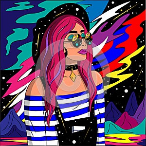 Bright sexy young woman in the style of psychedelic pop art