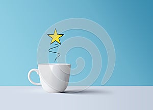Bright shiny star and white coffee mug, creative