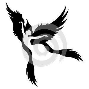 Bright silhouette of a dancing girl in a zarbird bird. Design suitable for logo, tattoo, dance, ballet, fitness, dance lessons