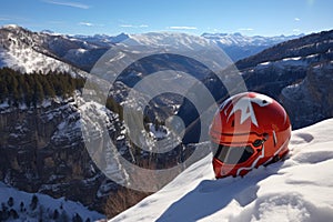 bright ski helmet on the edge of a cliff, overlooking a snow-filled valley