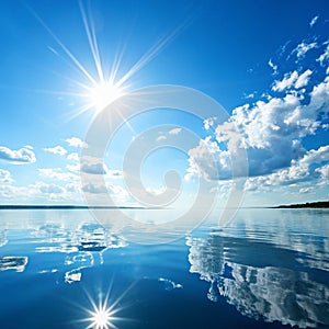 Solar sky background with blue sky and sun reflection in water