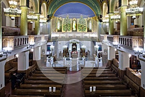 A bright and solemn Moscow Choral Synagogue. wooden benches and