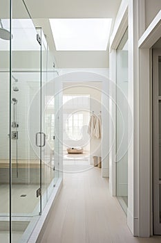 Bright Spacious Bathroom with Skylights and Bench