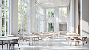 Bright Modern Canteen Tables, Chairs, and Large Windows
