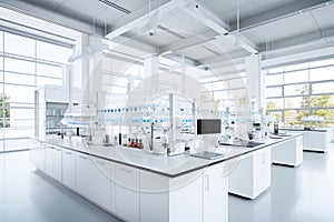 Bright and spacious chemical lab with glassware and reagents on tables. Ideal for scientific research and experiments.