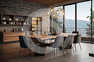 Bright spacious dining room with wooden big table. ai generative