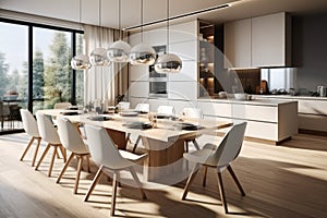 Bright spacious dining room with wooden big table. ai generative