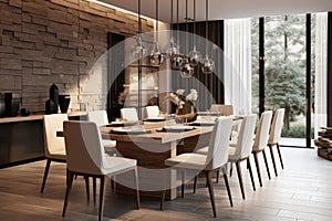 Bright spacious dining room with wooden big table. ai generative