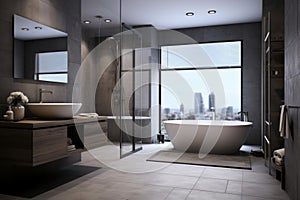 Bright Spacious gray bathroom. Generate Ai