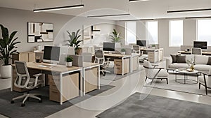 Modern Office Interior Desks, Computers, and Lounge Area