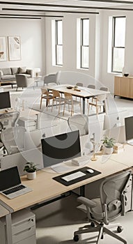Modern Open-Plan Office Interior with Workstations and Collaborative Spaces