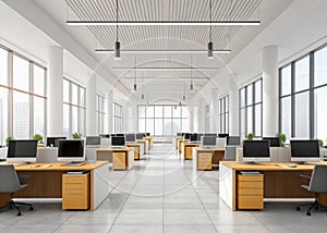 Modern open plan office with rows of desks and natural light