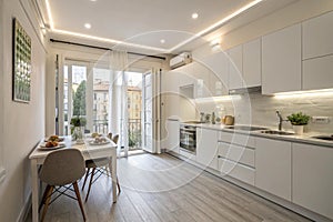Spacious white kitchen interior after renovation