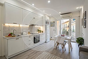 Spacious white kitchen interior after renovation