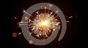 Bright sparkler exploding with golden light against a dark background