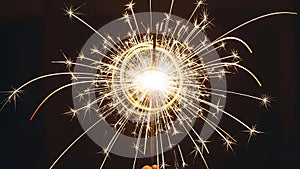 Bright Sparkler Exploding With Golden Light Trails Against Dark Background firework celebration