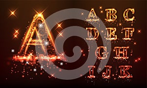 Bright sparkling alphabet on a brown background