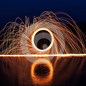 Bright sparks from the steel wool,