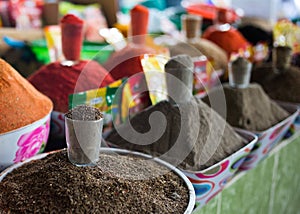 Bright spices in the bazaar Dushanbe, Tajikistan.