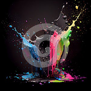 Bright splashes of rich colors paint on a black background, sparkles, dust, drops, reflection, streaks, color