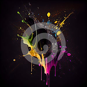 Bright splashes of rich colors paint on a black background, sparkles, dust, drops, reflection, streaks, color