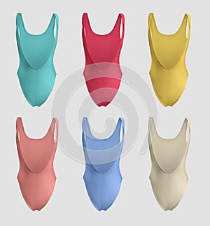 Bright sports swimwear template 3D rendering, back view, round neck mokini for design, branding. Set