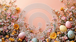 Bright Spring Easter Theme with Spring Blooms and Decorated Eggs