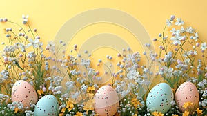 Bright Spring Easter Theme with Spring Blooms and Decorated Eggs