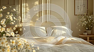 a bright spring room through, featuring a neatly folded duvet resting atop the bed, inviting relaxation and rejuvenation