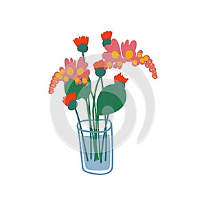 Bright Spring or Summer Flowers in Glass, Beautiful Bouquet of Fresh Flowers Vector Illustration
