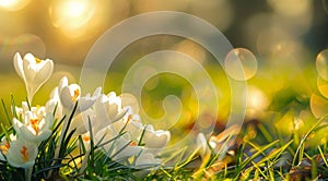 Bright spring sunshine bathes elegant white crocuses and vivid yellow daffodils emerging amidst verdant grass