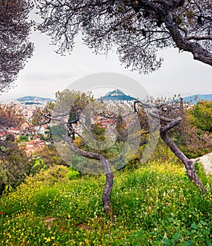 Bright spring view of Athens. Colorful morning scene of Greece, Europe. Treveling concept background. Artistic style post