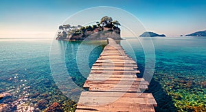 Bright spring view of the Cameo Island. Picturesque morning scene on the Port Sostis, Zakinthos island, Greece, Europe. Beauty of