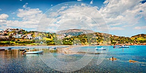 Bright spring view of the Nuevo Loca Beach. Sunny morning seascape of the Aegean sea, Palaia Fokaia location, Greece, Europe.