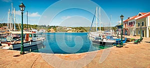 Bright spring view of port Fiskardo. Panoramic morning seascape of Ionian Sea. Stunning outdoor scene of Kefalonia island, Greece