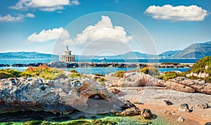 Bright spring view of Saint Theodore Lantern. Sunny morning landscape of Argostoli Vilagito Torony Nature Preserve. Beautiful