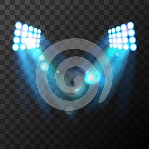 Bright stadium blue spotlights on transparent background. Vector illustration. EPS 10