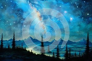 Bright Starry Night On A Mountain Landscape Generative AI