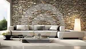 bright stone wall interior design and modern lamp