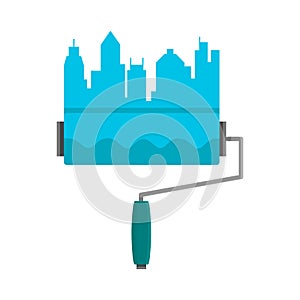 Bright stripe painted on a wall paint roller. City skyline. Logo concept. Blue flat vector cartoon illustration on white