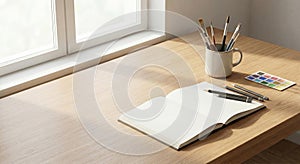 Bright Studio Desk With Open Notebook, Paint Brushes, Color Swatch, And Window Light